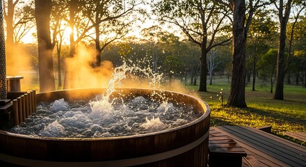 Outdoor Wooden Hot Tub at Sunset – Steaming Serenity in Nature