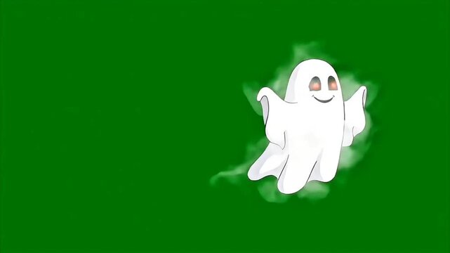Animated cartoon ghost flying across a green screen background