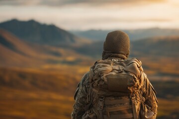 lone soldier with backpack in rugged mountains