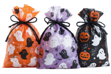 Three Halloween-themed gift bags featuring ghosts and pumpkins in orange, purple, and black.