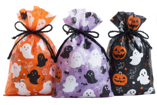 Three Halloween-themed gift bags featuring ghosts and pumpkins in orange, purple, and black.