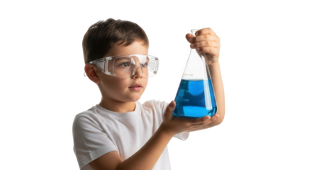 Young boy wearing safety goggles holding a flask with blue liquid isolated on transparent background