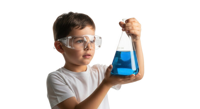Young boy wearing safety goggles holding a flask with blue liquid isolated on transparent background