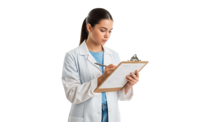 Female doctor or nurse in lab coat writing on clipboard, isolated on transparent background