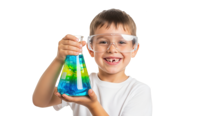 Young boy wearing safety glasses and holding a colorful chemical flask, isolated on transparent background