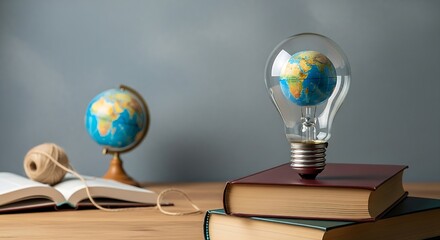 A light bulb with a globe inside rests on books, symbolizing the fusion of knowledge and global awareness, with a globe and open book nearby, representing learning and discovery