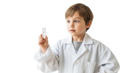Young boy in a white lab coat looking with surprise at a small test tube, isolated on transparent background