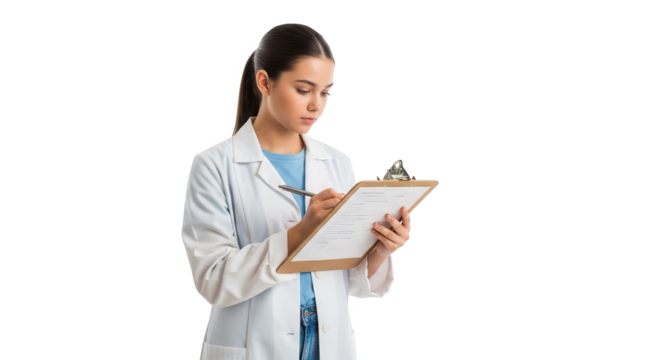 Female doctor or nurse in lab coat writing on clipboard, isolated on transparent background
