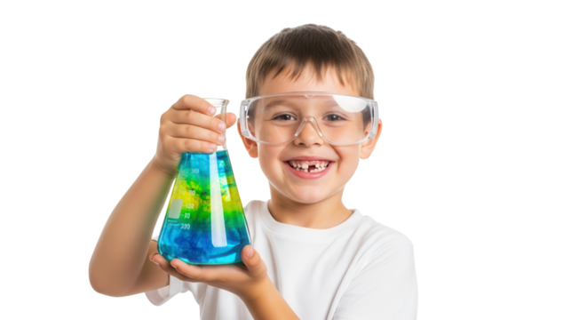 Young boy wearing safety glasses and holding a colorful chemical flask, isolated on transparent background