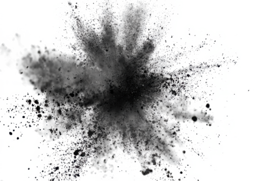 A dramatic black powder explosion captured against a stark white background, creating a dynamic and abstract visual effect.
