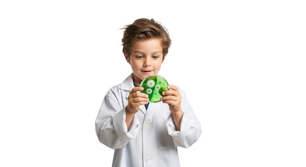 A young boy in a lab coat holds a green, spherical object with protrusions, isolated on transparent background