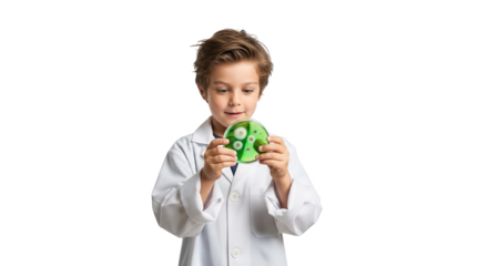 A young boy in a lab coat holds a green, spherical object with protrusions, isolated on transparent background