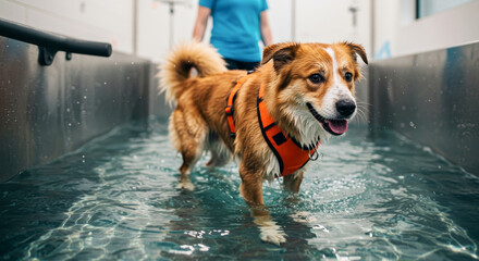 Happy dog walking on underwater treadmill during hydrotherapy rehabilitation session