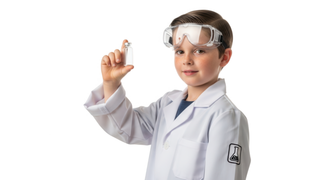 Young boy in a lab coat and safety goggles holding a small vial, isolated on transparent background