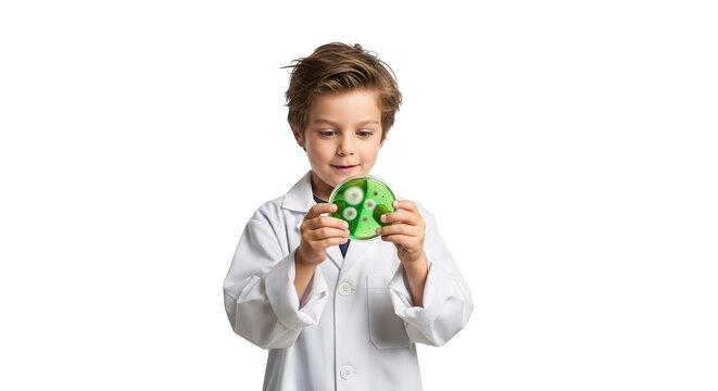 A young boy in a lab coat holds a green, spherical object with protrusions, isolated on transparent background
