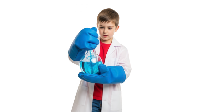 Child scientist in lab coat and blue gloves holding a flask with blue liquid, isolated on transparent background