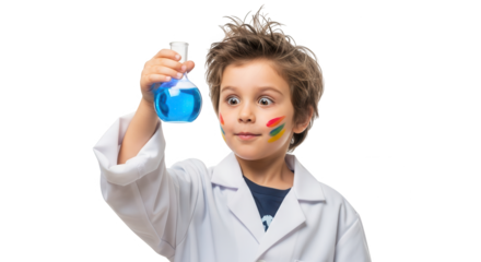 Excited child in a lab coat holding a flask with blue liquid, with colorful paint smudges on face, isolated on transparent background