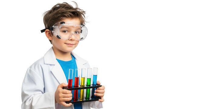 Little scientist with goggles and lab coat holding test tubes with colorful liquids, isolated on transparent background