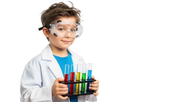 Little scientist with goggles and lab coat holding test tubes with colorful liquids, isolated on transparent background - Powered by Adobe