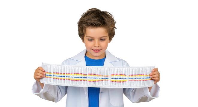 Young boy in a lab coat holding a dna model isolated on transparent background