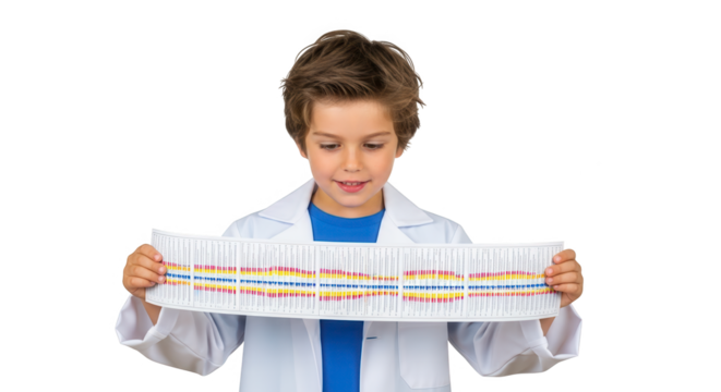 Young boy in a lab coat holding a dna model isolated on transparent background