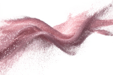 Abstract wave of shimmering pink particles flowing and dispersing against a clean white background, creating a dynamic and ethereal visual effect.