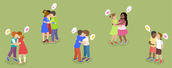 3D Isometric Flat Vector Illustration of Hugging Kids, Kids Friends Embracing In Warm Hug With Innocent Giggles And Genuine Smiles