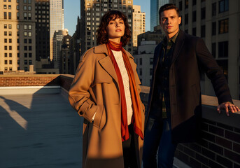 A fashion couple posing on a rooftop in New York City
