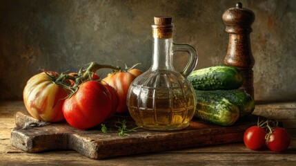 Rustic Still Life - Vibrant Vegetables, Oil, and Spices in a Warm, Dramatic Setting.