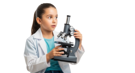 Young girl in a lab coat looking at a microscope with curiosity, isolated on transparent background