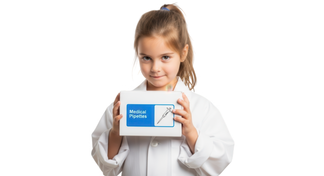 Young girl in a lab coat holding a science kit, isolated on transparent background - Powered by Adobe