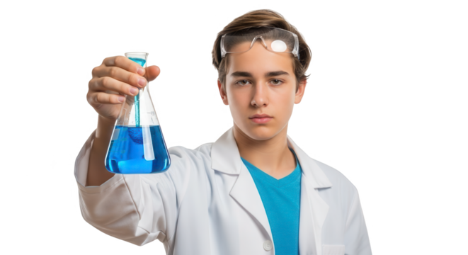 Teenager in a lab coat and safety goggles holding a flask with blue liquid, isolated on transparent background