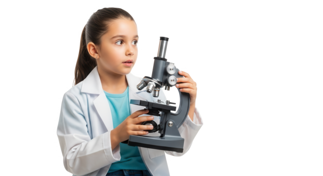 Young girl in a lab coat looking at a microscope with curiosity, isolated on transparent background