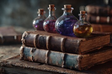 Mystical Potions on Aged Books - Alchemy, Magic, and Ancient Knowledge Still Life.