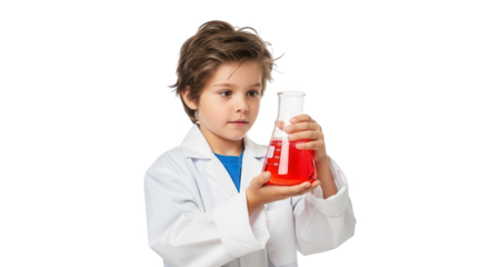 Young boy in a lab coat holding a flask with red liquid, isolated on transparent background