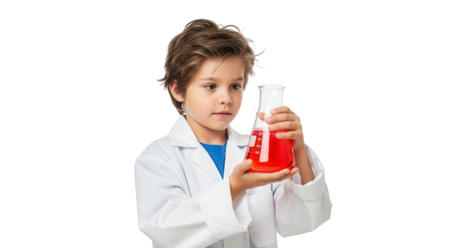 Young boy in a lab coat holding a flask with red liquid, isolated on transparent background