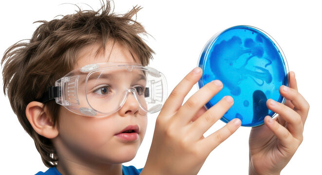 Young boy wearing safety goggles holding a blue petri dish, isolated on transparent background