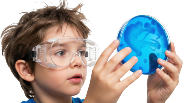 Young boy wearing safety goggles holding a blue petri dish, isolated on transparent background