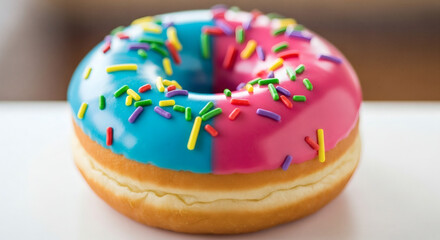 Close up of a donut with blue and pink icing and colorful sprinkles