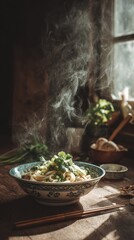 Steaming Noodles with Herbs in Ceramic Bowl, Window Light, Rustic Charm.