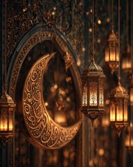 Ornate Golden Crescent Moon and Hanging Lanterns Illuminate a Mystical Islamic Night Scene.