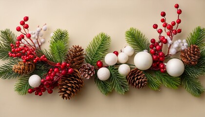 Christmas Garland With Red Berries Pinecones And White Baubles On Beige Backdrop
