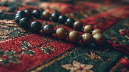 Intricate Bead Necklace on Richly Textured Fabric - Close-Up.