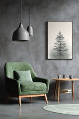 A stylish, contemporary living room setting featuring a deep green velvet armchair, neutral tones, and a framed print of a solitary tree.
