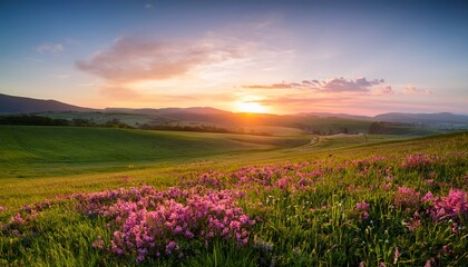 Obraz premium Sunrise Sunset Over Green Fields With Pink Flowers Serene Landscape
