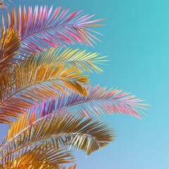 Vibrant Palm Fronds in Pastel Hues Against a Clear Sky.