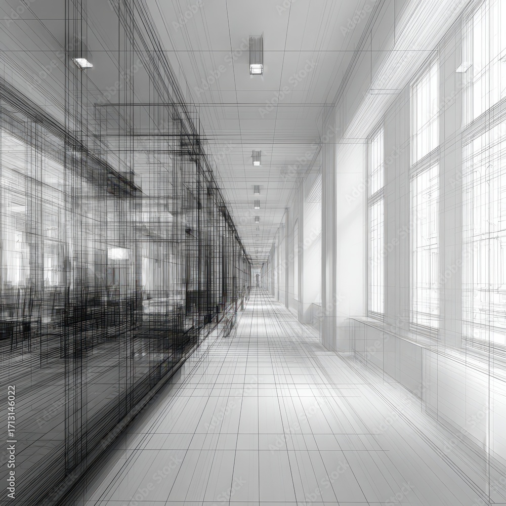 Poster ethereal hallway - black and white architectural rendering with ghostly wireframe overlay.