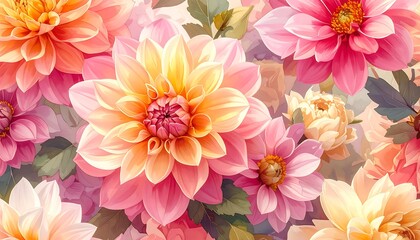 Obraz premium A detailed floral design showcases a vibrant collection of dahlias in shades of peach, pink, and cream, highlighting intricate petal details and delicate green leaves.