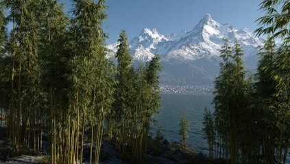 Lush bamboo grove frames a serene lake scene with snow-capped mountains in the background.