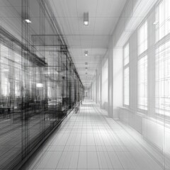 Ethereal Hallway - Black and White Architectural Rendering with Ghostly Wireframe Overlay.